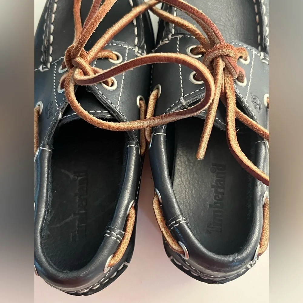Timberland Blue Boat Shoes White Stitching & Brown Laces